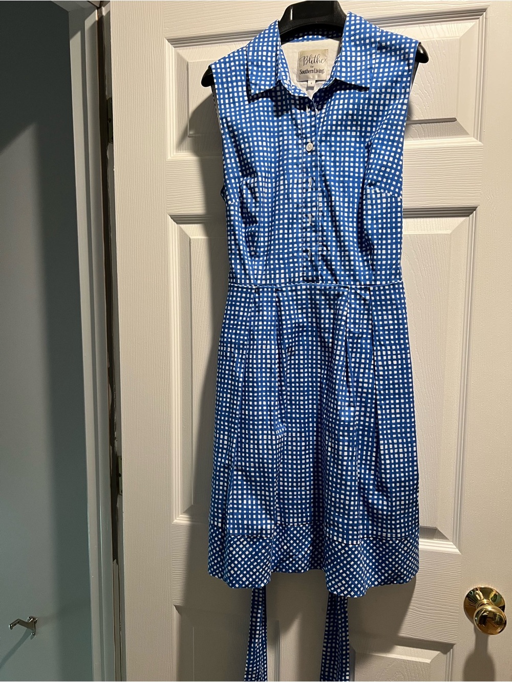 Blithe for Southern Living Blue White Dot Sleeveless Shirtdress w tie waist sz 6